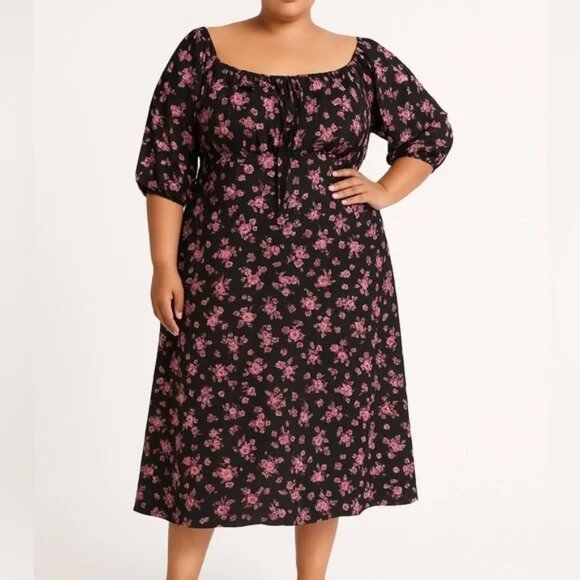 BloomChic Dresses & Skirts - NEW Bloomchic Black & Pink Floral Midi Dress with Puff Sleeve | 28